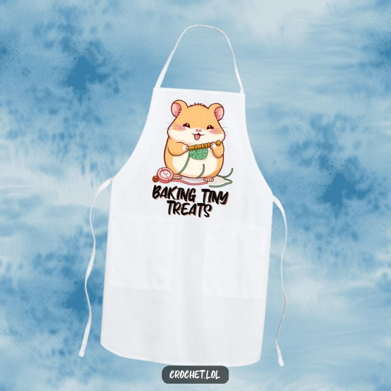 Funny apron showcasing a plump, cheerful hamster with a crochet hook, building a small structure, ideal for kitchen or craft protection.