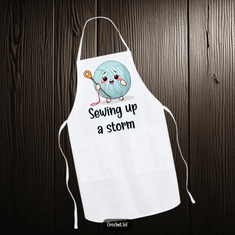 Funny apron adorned with a cheerful yarn ball character enthusiastically stitching, adding humor to cooking or crafting sessions.