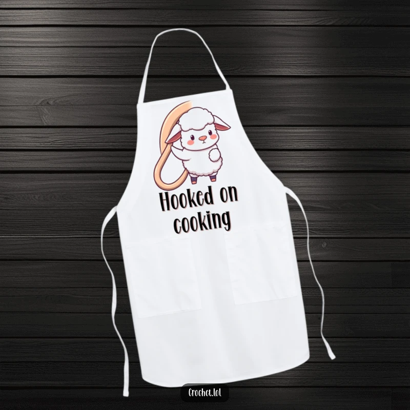Funny apron showcasing a fluffy sheep character holding a giant hook, making a big loop, perfect for kitchen or craft protection.
