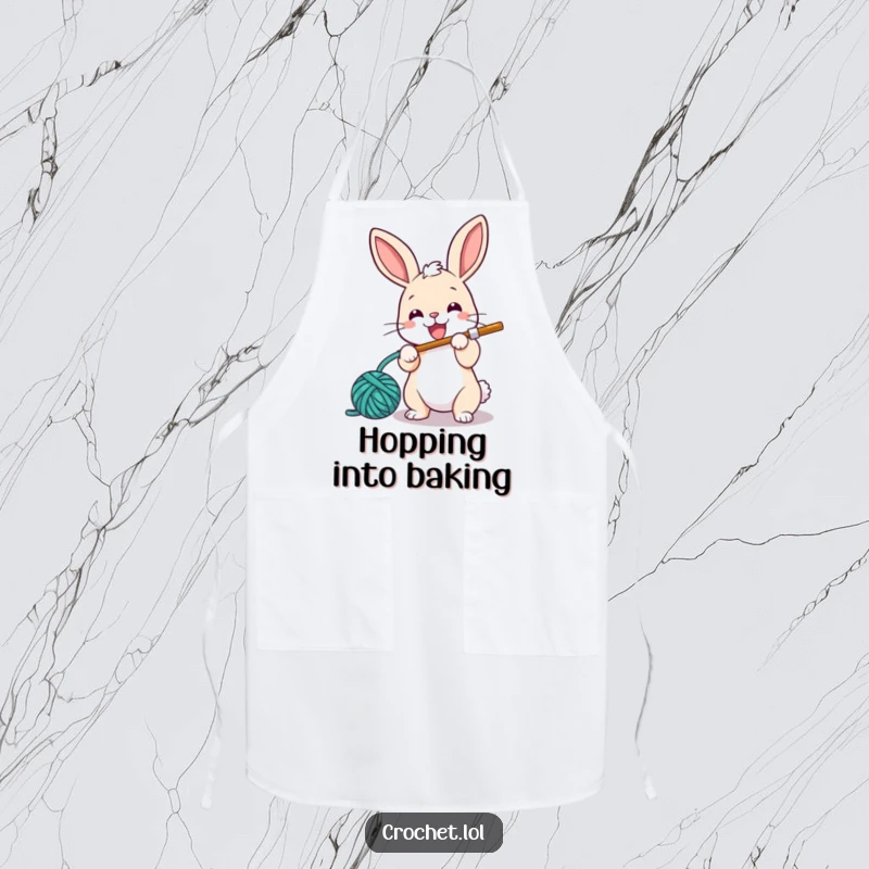 Funny apron showcasing a small, energetic bunny with a crochet hook, happily looping yarn, ideal for kitchen or craft protection.