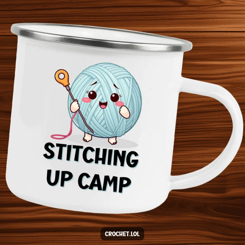 Funny camping mug with a happy yarn ball character enthusiastically stitching, perfect for outdoor crafting sessions and warm beverages.