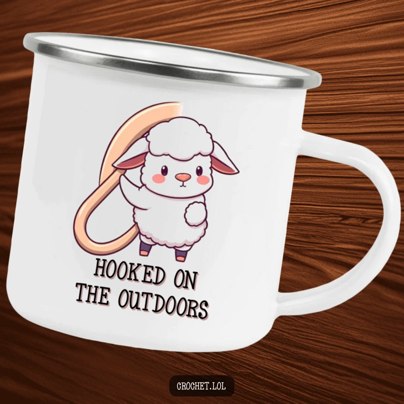 Funny camping mug with a fluffy sheep character holding a giant hook, making a large loop, ideal for outdoor enjoyment.