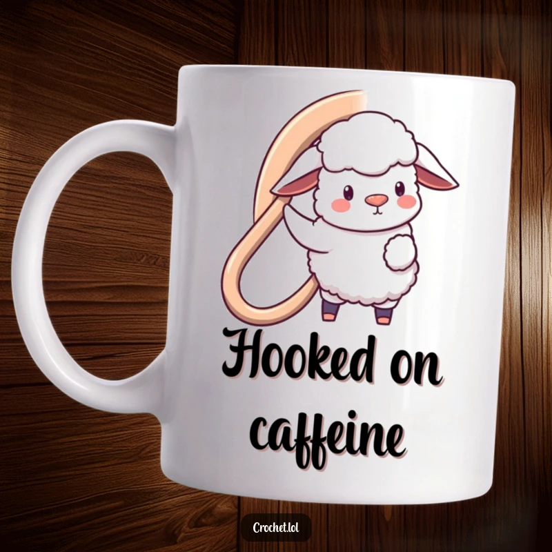 Funny mug showcasing a fluffy sheep character holding a giant crochet hook, expertly creating a large yarn loop with a smile.