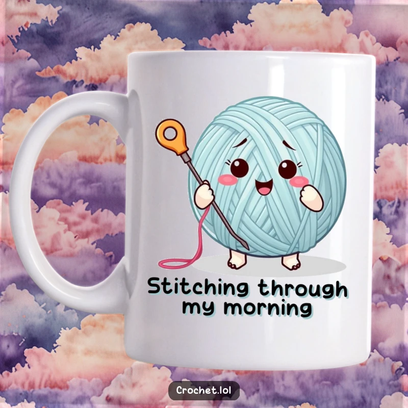 Funny mug showcasing a cheerful yarn ball character enthusiastically stitching with a needle and thread, ready for a crafting adventure.