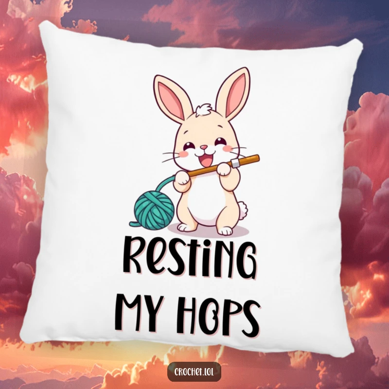 Funny pillow with a small, energetic bunny character happily looping yarn with a crochet hook, providing comfort and amusement.
