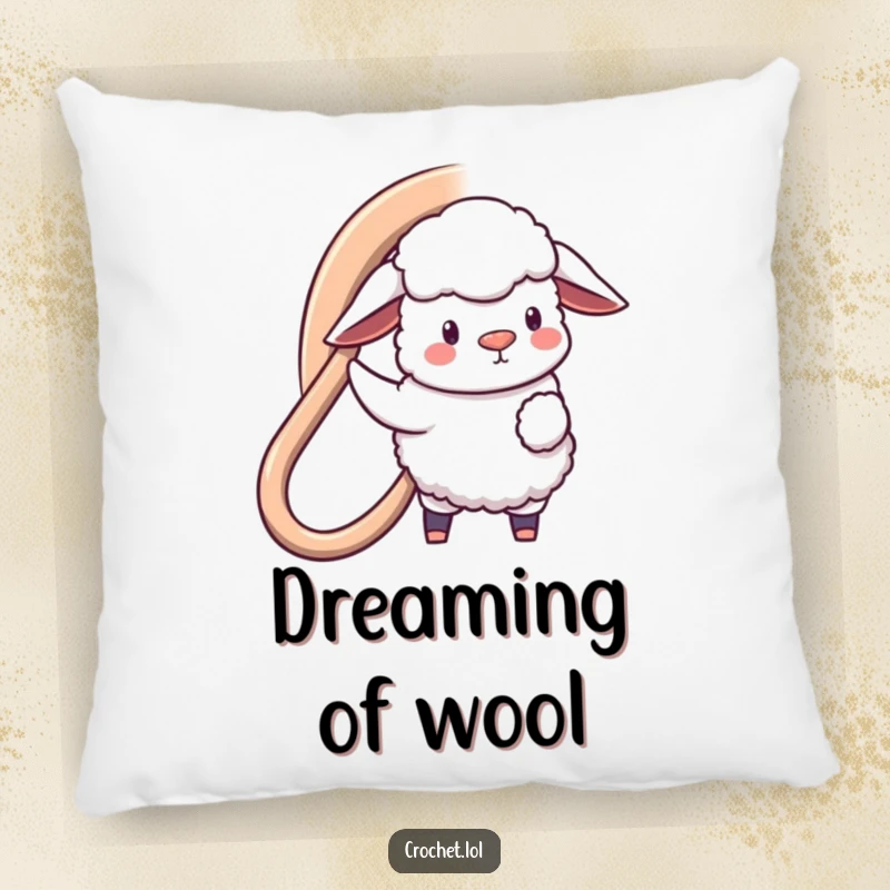 Funny pillow with a fluffy sheep character holding a giant hook, creating loop, providing comfort and amusement.