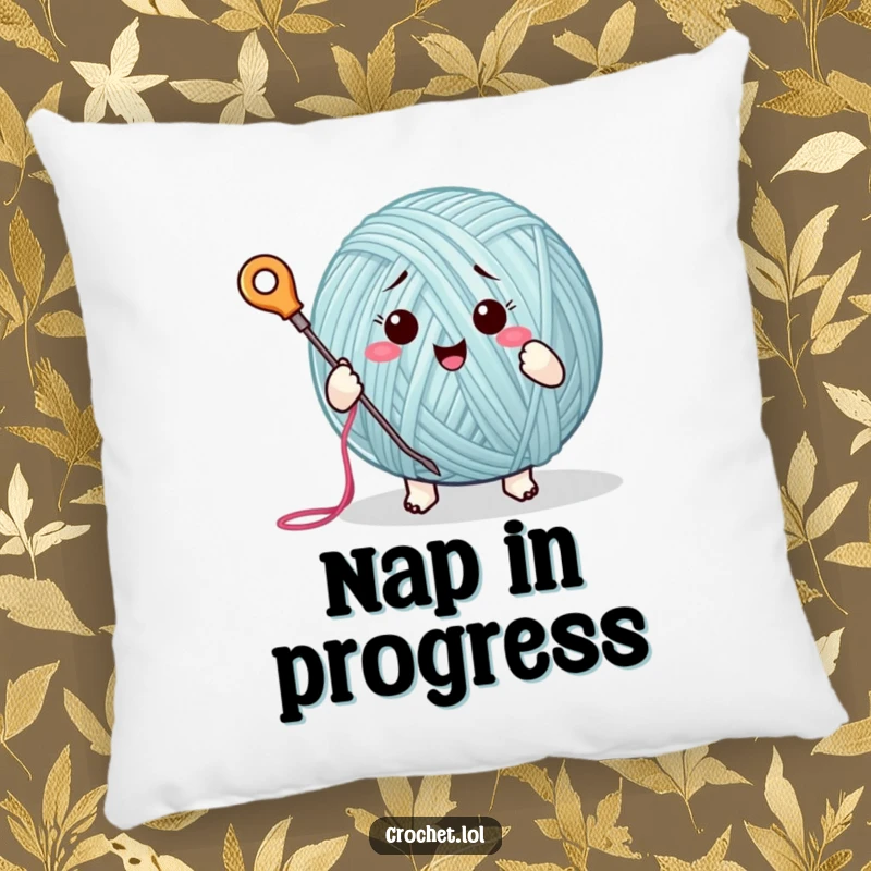 Funny pillow showcasing a smiling yarn ball character diligently stitching with a needle and thread, offering comfort and humor.