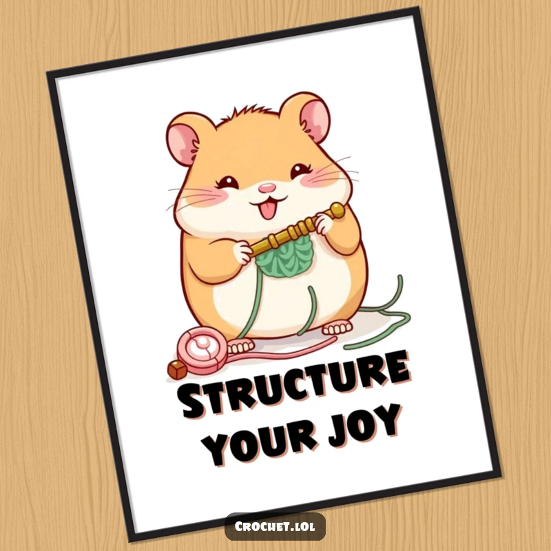Funny digital art print of a plump, cheerful hamster with a crochet hook, building a small structure with great focus and charm.