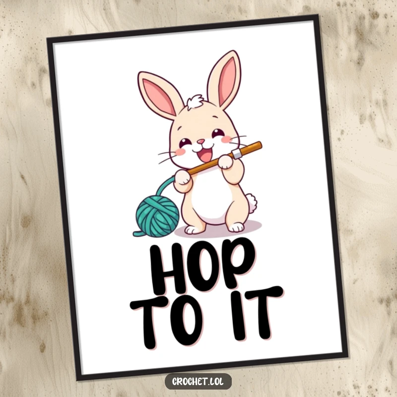 Funny digital art print of a small, energetic bunny with a crochet hook, happily looping yarn with great enthusiasm.