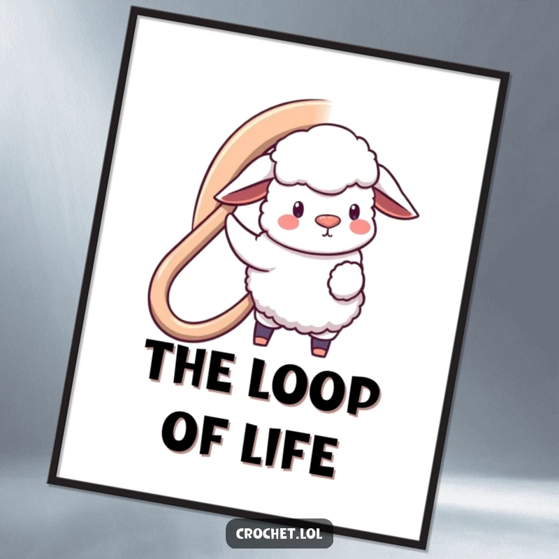 Funny digital art print of a fluffy sheep character using a giant crochet hook to create a large loop, full of charm and humor.