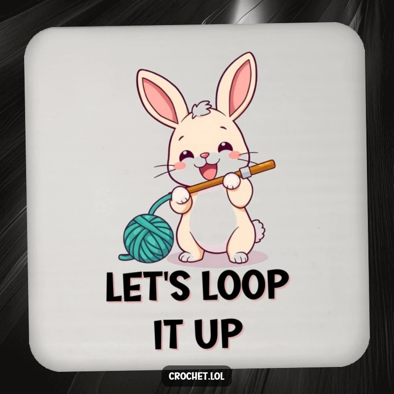 Funny drink coaster featuring an energetic bunny with a crochet hook, happily looping yarn, perfect for surface protection.