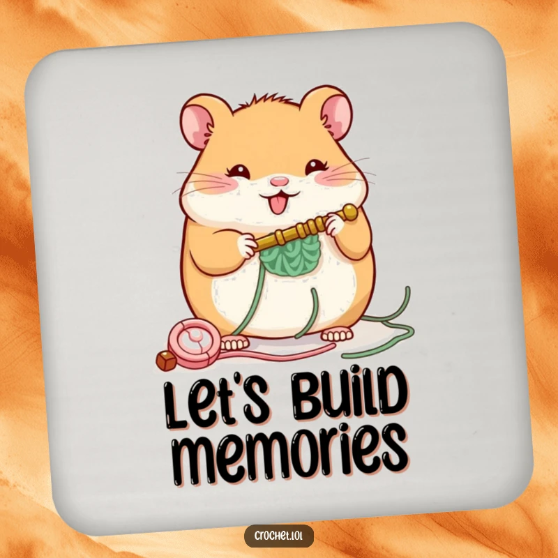 Funny drink coaster featuring a plump, cheerful hamster building a small structure with a crochet hook, perfect for surface protection.
