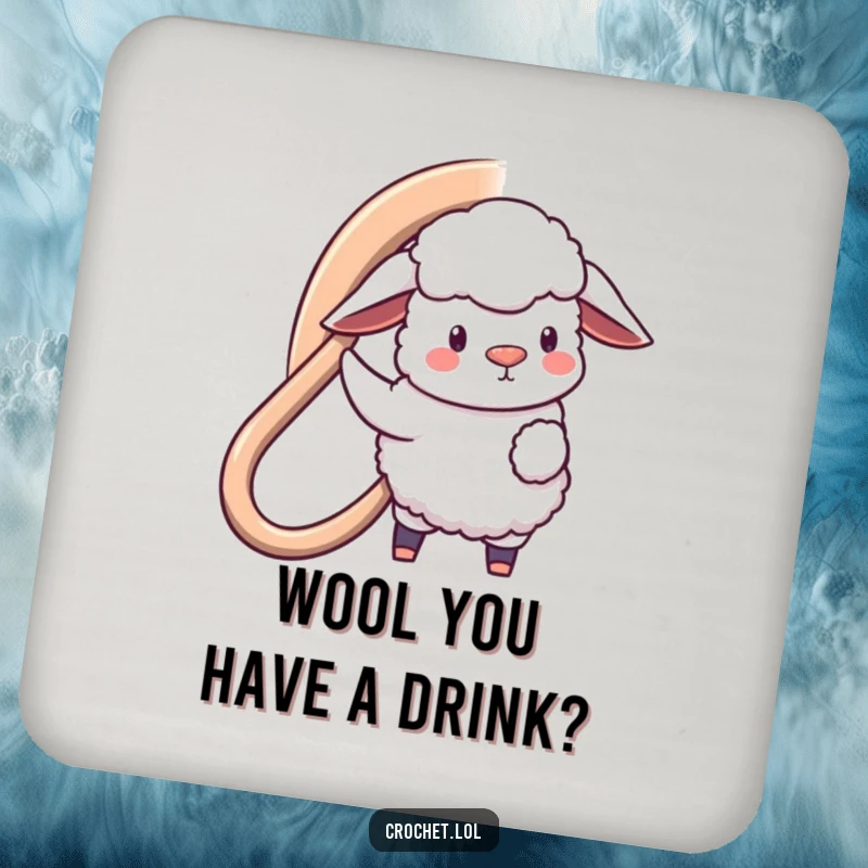 Funny drink coaster featuring a fluffy sheep character with a giant hook, creating a large loop, perfect for surface protection.