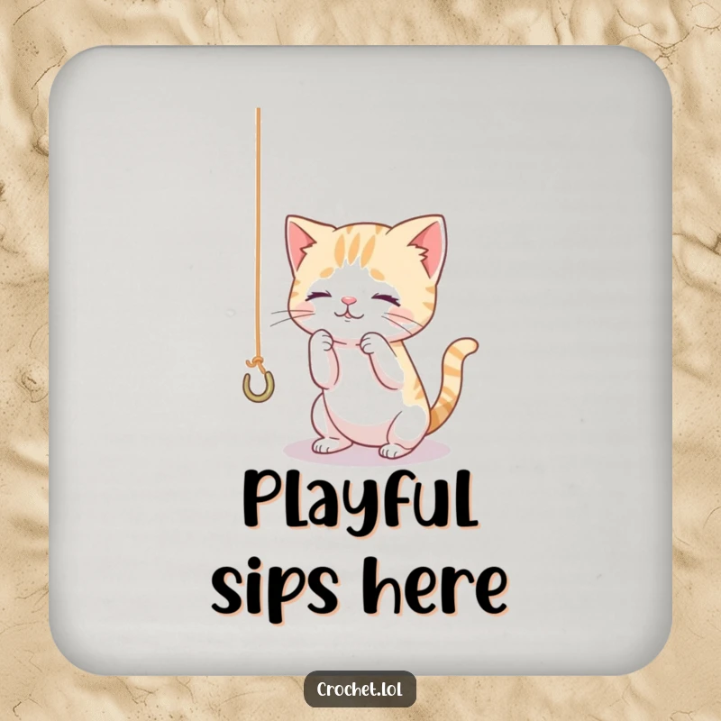 Funny drink coaster featuring a tiny, curious cat playing with yarn and a hook, perfect for surface protection with a feline touch.