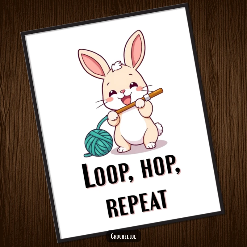 Funny poster art of a small, energetic bunny with a crochet hook, looping yarn with enthusiasm and a happy smile.