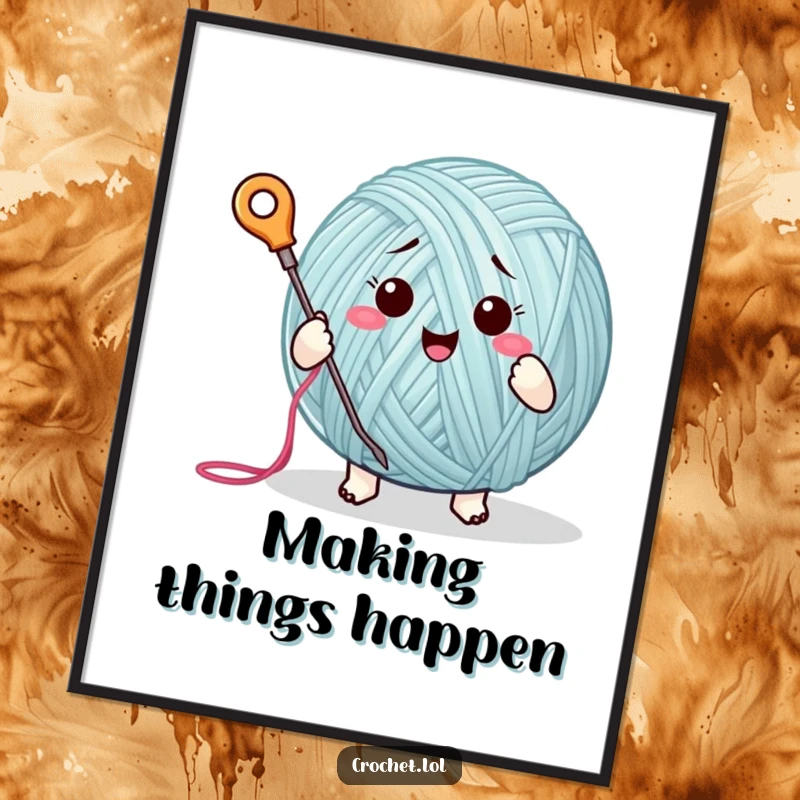 Funny poster artwork of a small yarn ball character enthusiastically stitching a project with a needle and thread, full of creative energy.