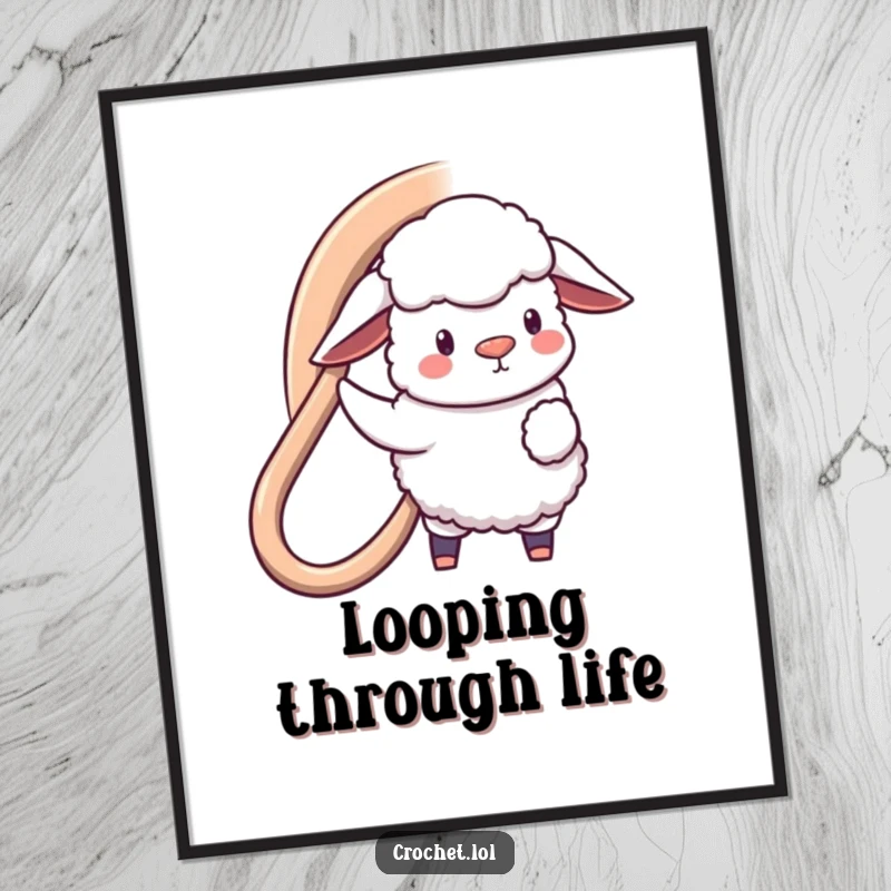 Funny poster art of a fluffy sheep character using a giant crochet hook to make a huge loop, radiating creativity and charm.