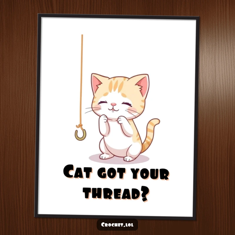 Funny Free Printable Wall Art: A tiny, curious cat playfully swatting at a dangling thread and crochet hook, adding whimsical charm.