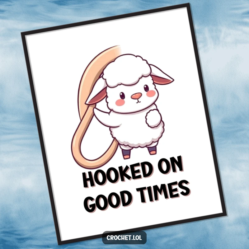 Funny Free Printable Wall Art: A fluffy sheep character holding a giant crochet hook, creating a massive loop with a funny, happy look.