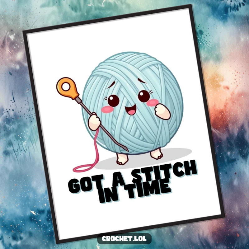Funny Free Printable Wall Art: A cute yarn ball character enthusiastically stitching a project, bringing smiles to any room.