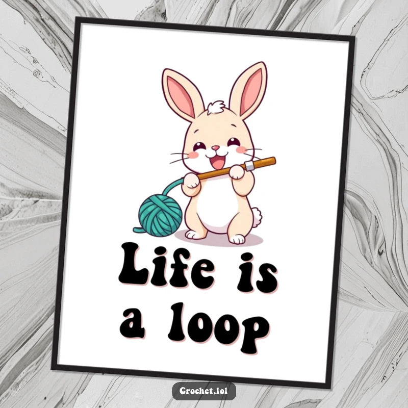 Funny Free Printable Wall Art: An energetic little bunny happily crocheting a loop of yarn with its hook, adding charm to any wall.