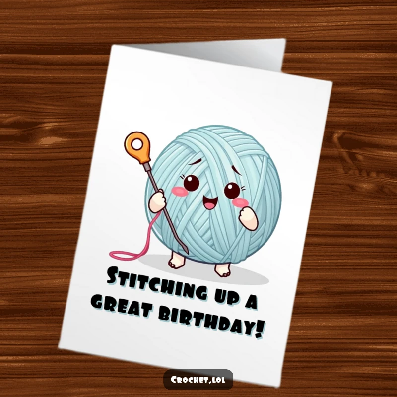 Funny Free Printable Birthday Card: A cheerful yarn ball happily stitching with needle and thread, ready for laughs.