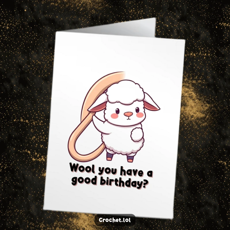 Funny Free Printable Birthday Card: A fluffy sheep gleefully holding a giant crochet hook, making a huge loop for birthday wishes.
