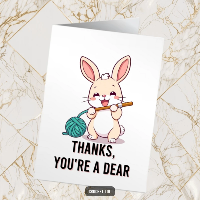 Funny Free Printable Thank You Card: An energetic bunny with a crochet hook, looping a special message of thanks with a smile.