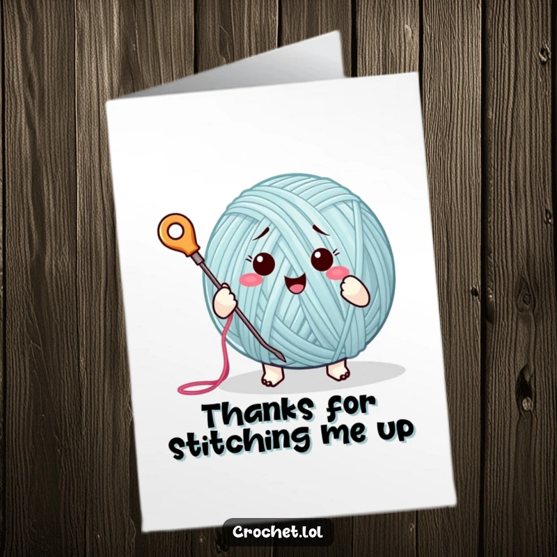 Funny Free Printable Thank You Card: A charming yarn ball with needle and thread, stitching thanks with humor.