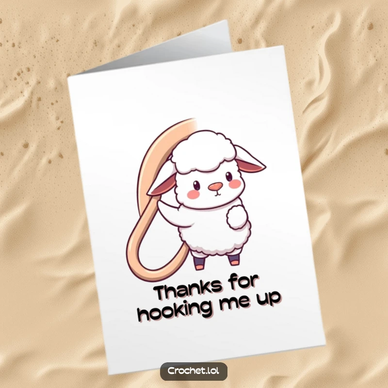 Funny Free Printable Thank You Card: A sheep character holding a giant hook, looping a message of thanks with a playful expression.
