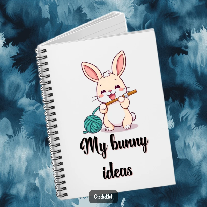 Funny notebook cover featuring an energetic bunny with a crochet hook, happily looping yarn, designed to inspire creativity.