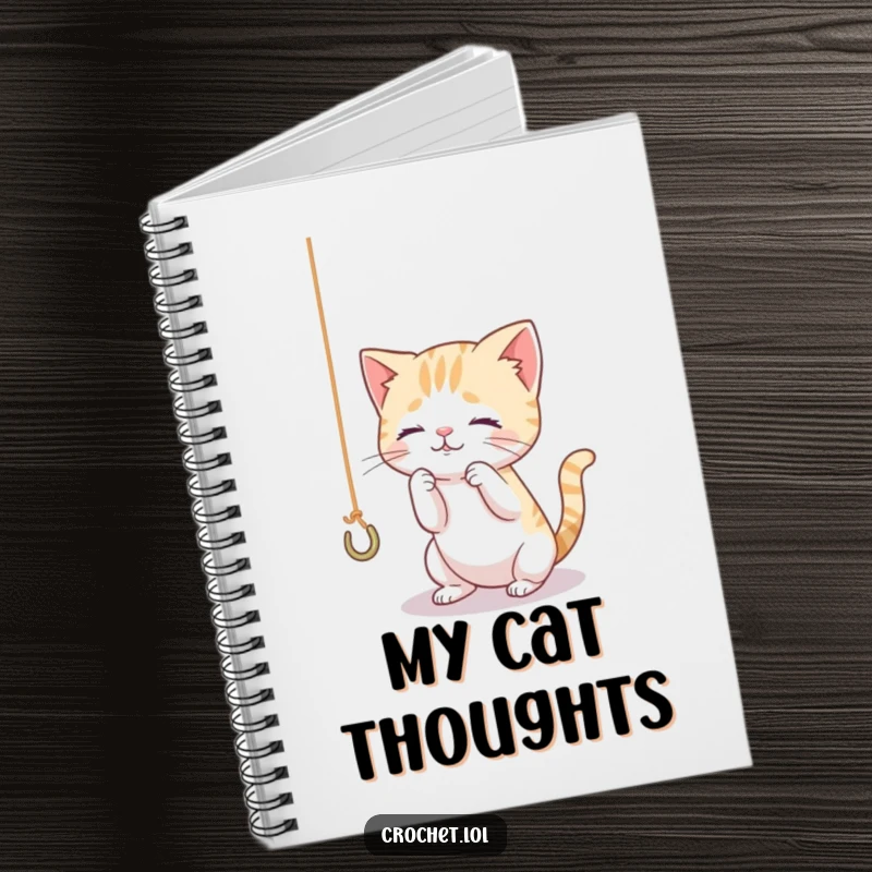 Funny notebook cover featuring a tiny, curious cat playing with yarn and a hook, designed to inspire creative writing and doodles.
