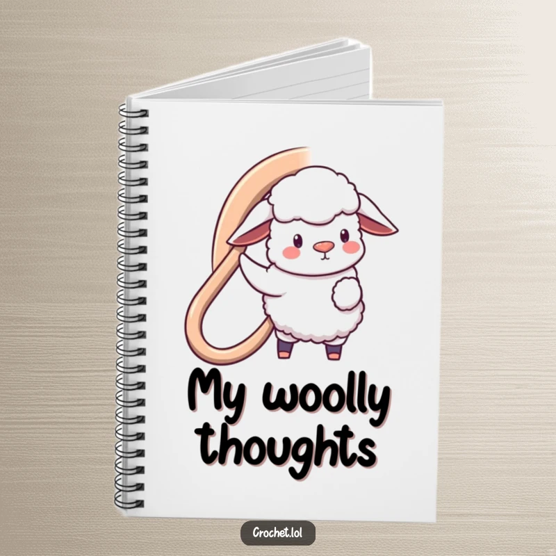 Funny notebook cover featuring a fluffy sheep with a giant hook, creating a large loop, designed to inspire crafting ideas.