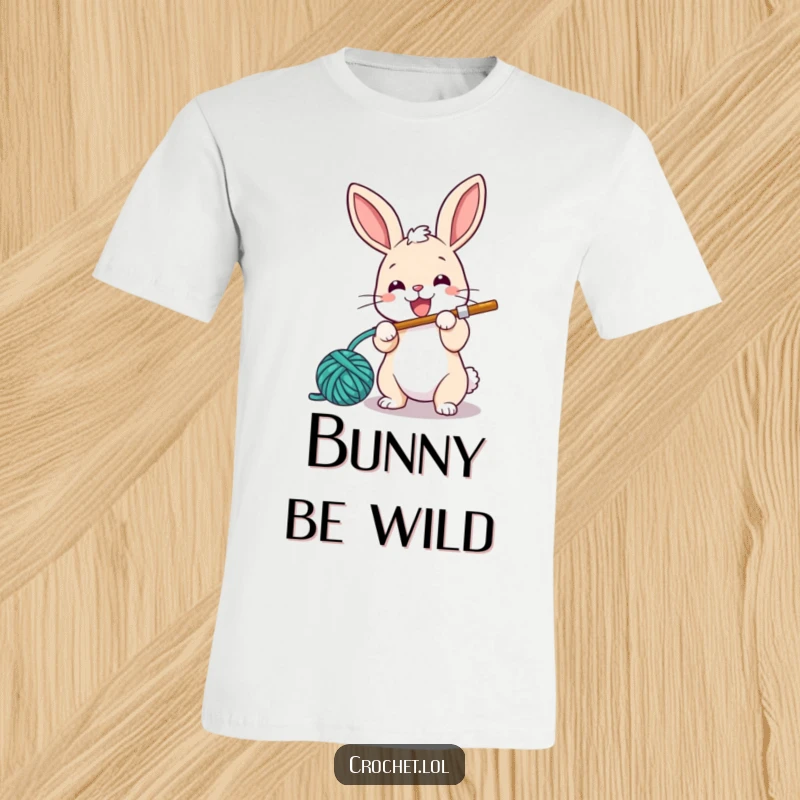 Funny t-shirt illustration of a small, energetic bunny with a crochet hook, happily looping yarn with a determined yet joyful look.