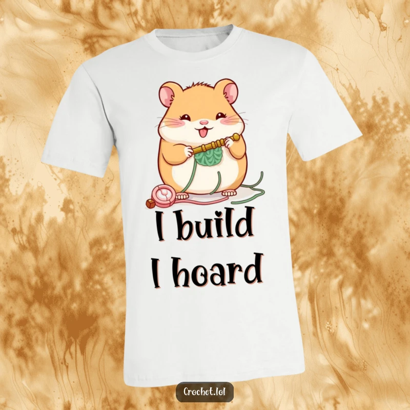 Funny t-shirt illustration of a plump, cheerful hamster with a crochet hook, building a small structure with focused determination.