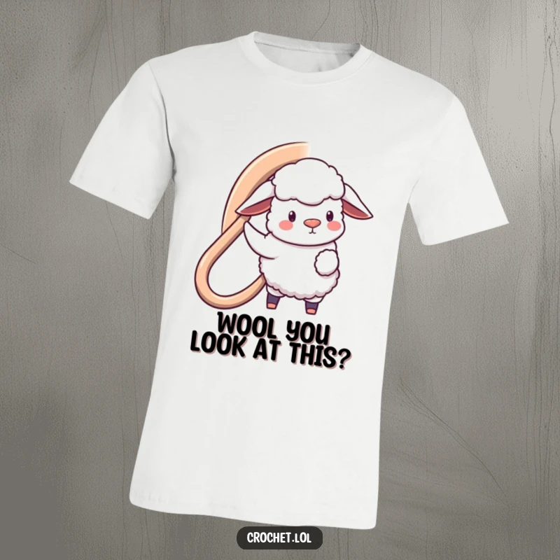 Funny t-shirt illustration of a fluffy sheep character using a large crochet hook to make a giant loop of yarn, exuding joy.