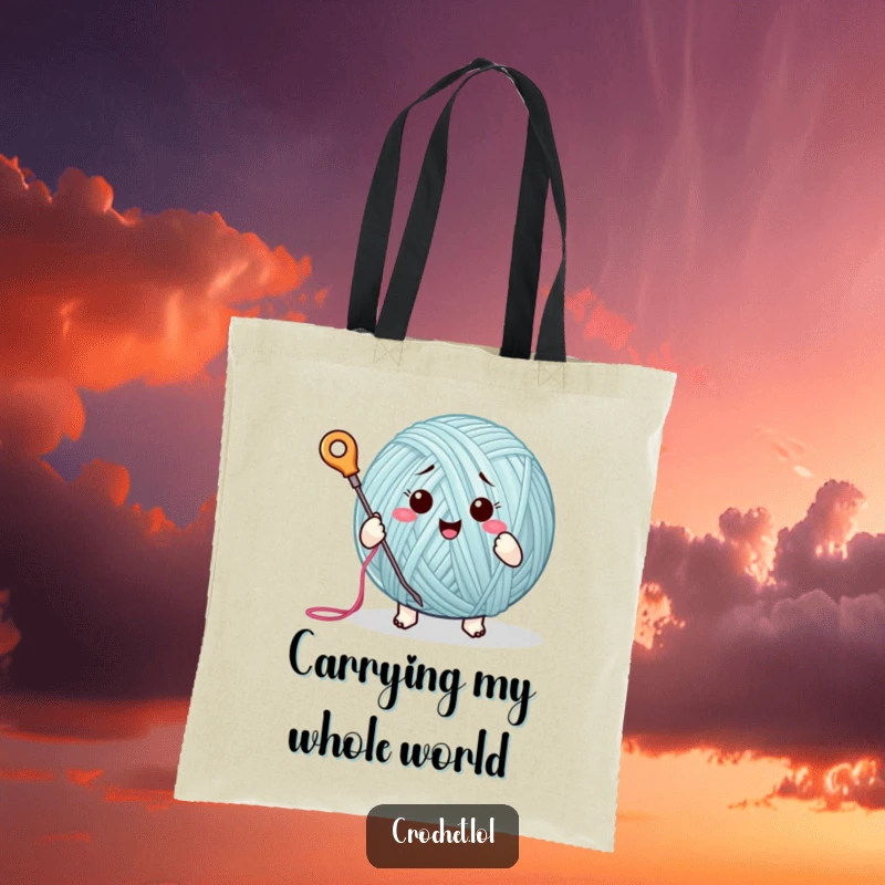 Funny tote bag featuring an animated yarn ball character enthusiastically stitching with needle and thread, a must-have for crafters.