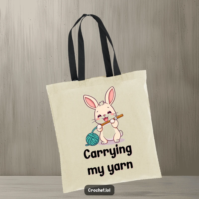Funny tote bag featuring a small, energetic bunny using a crochet hook to happily loop yarn, ideal for carrying craft supplies.