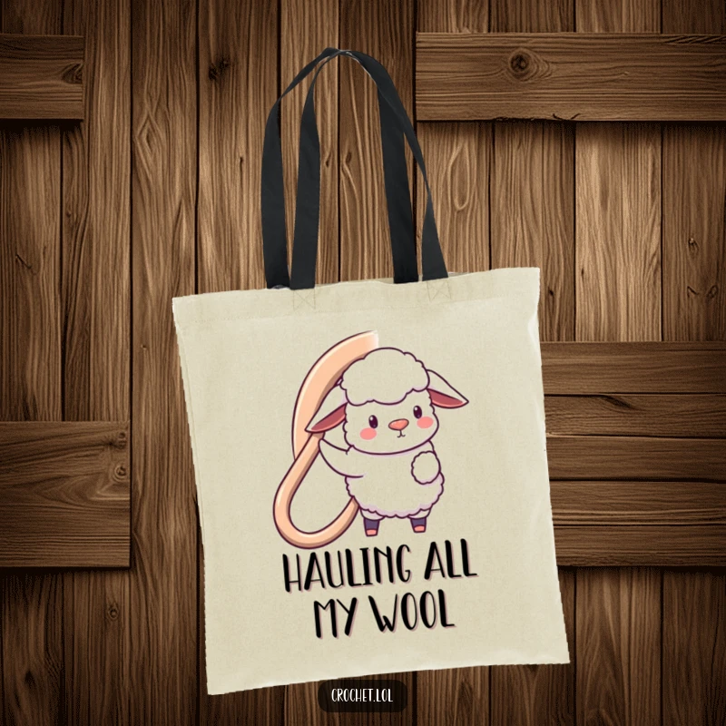 Funny tote bag showcasing a fluffy sheep character holding a giant hook, forming a big loop, a must-have for yarn enthusiasts.